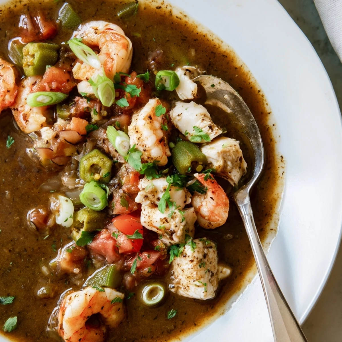 Steaming bowl of Seafood Gumbo with Okra and Tomatoes served over fluffy white rice.