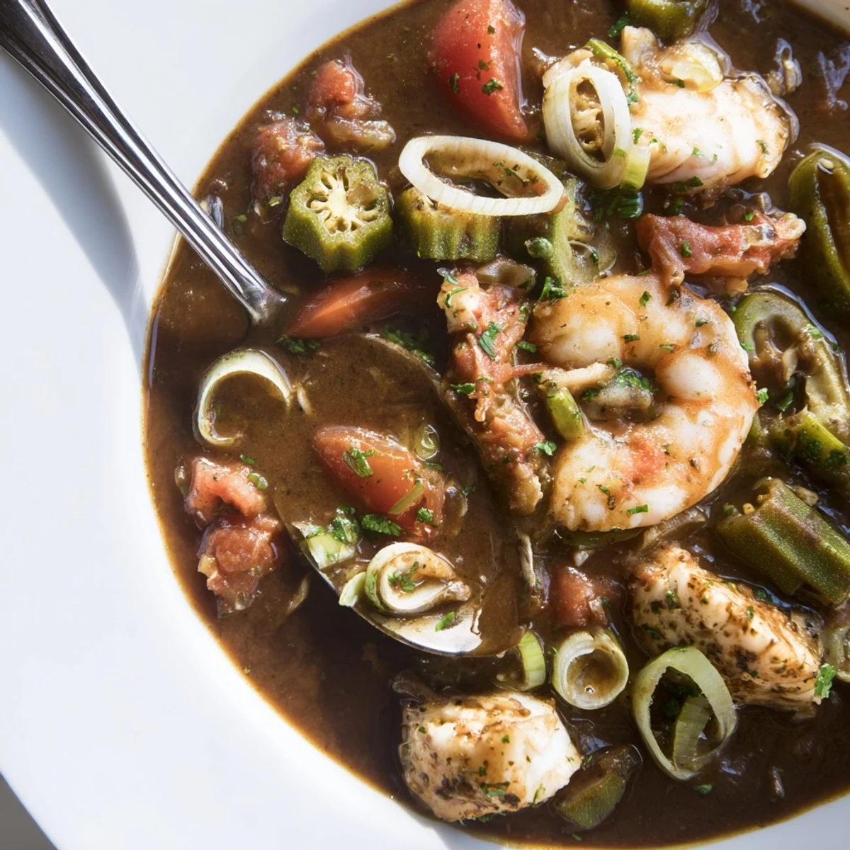 Close-up of Seafood Gumbo with Okra and Tomatoes, showcasing shrimp, crab, and fresh herbs.