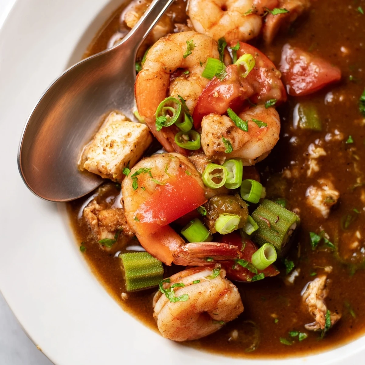 Hearty Seafood Gumbo with Okra and Tomatoes ladled into a rustic bowl.