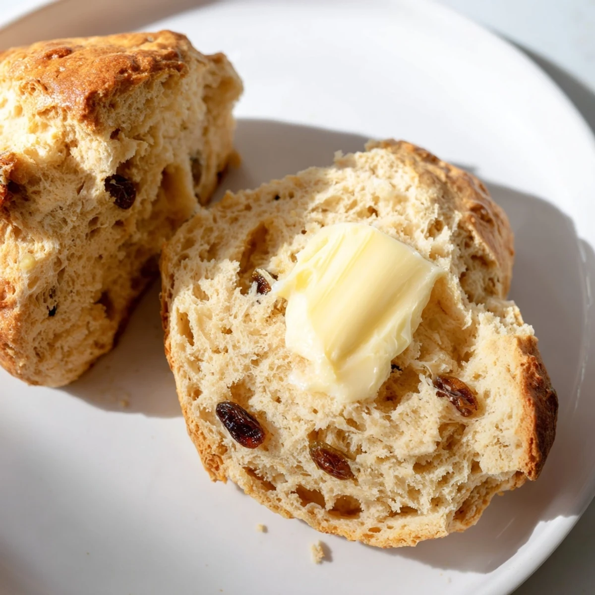 Freshly baked Irish Soda Bread Scones with butter on a rustic wooden board, golden crust and fluffy inside.