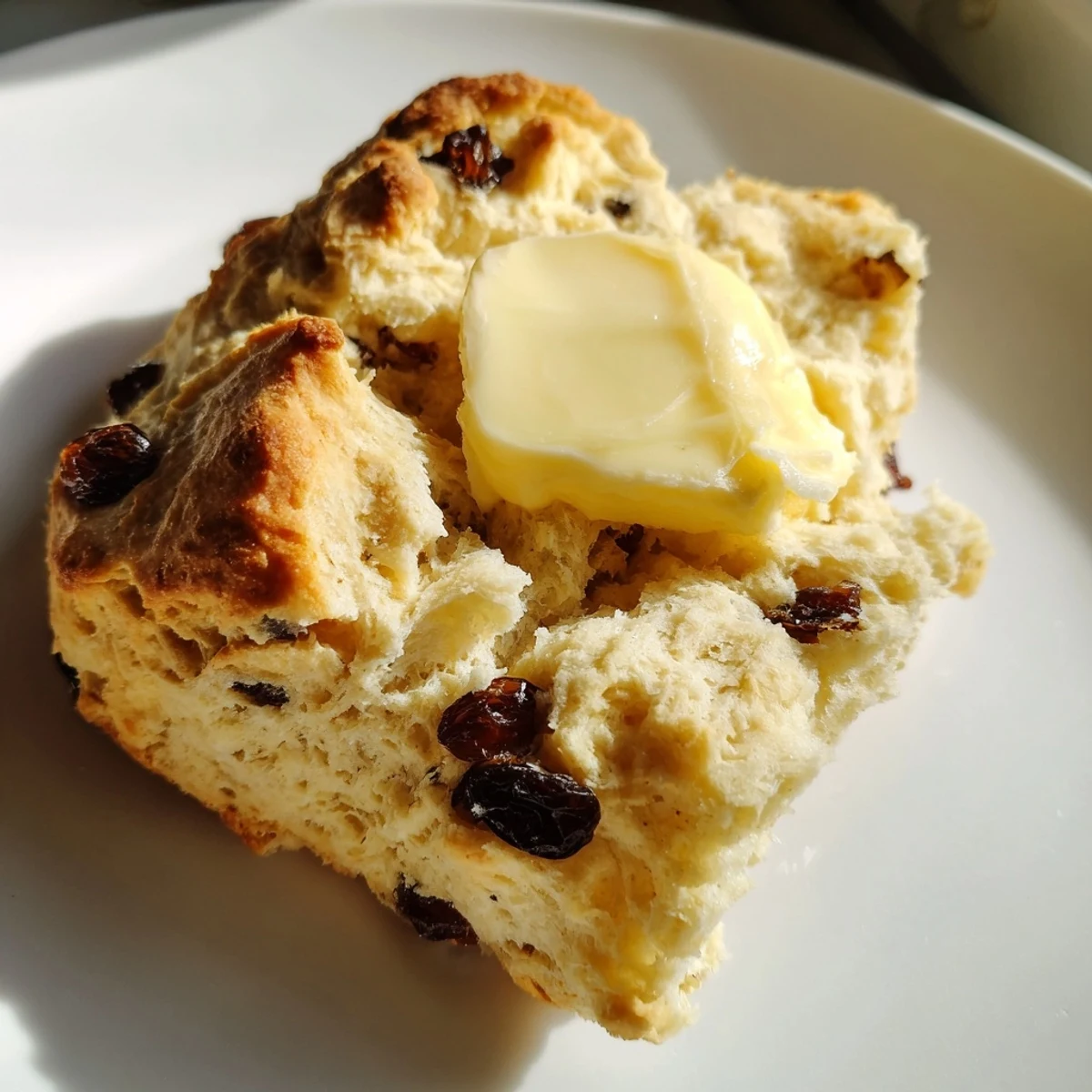 Warm Irish Soda Bread Scones served with creamy butter and a cup of tea, perfect for breakfast.