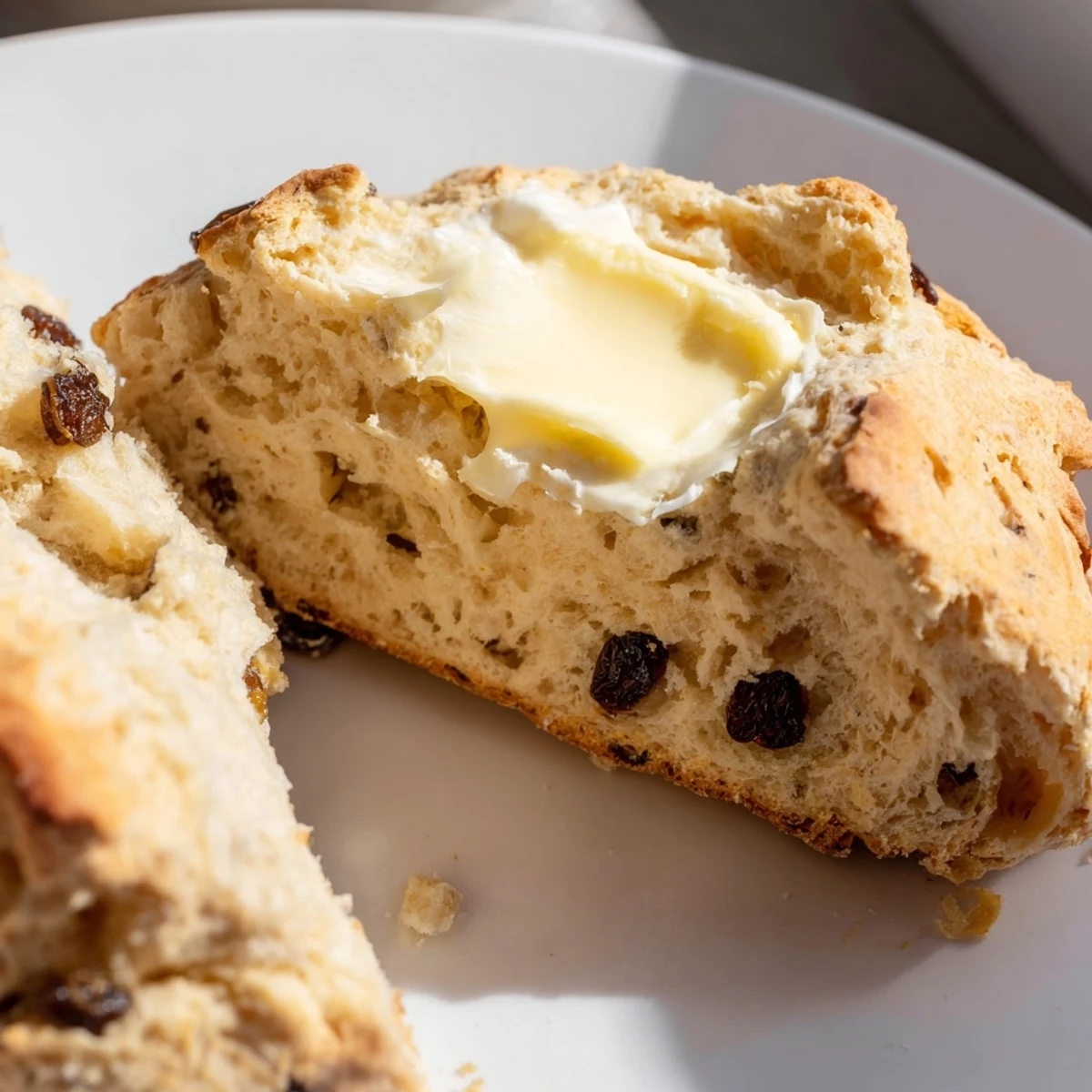 Plate of Irish Soda Bread Scones dusted with flour beside melted butter, inviting Irish breakfast spread.