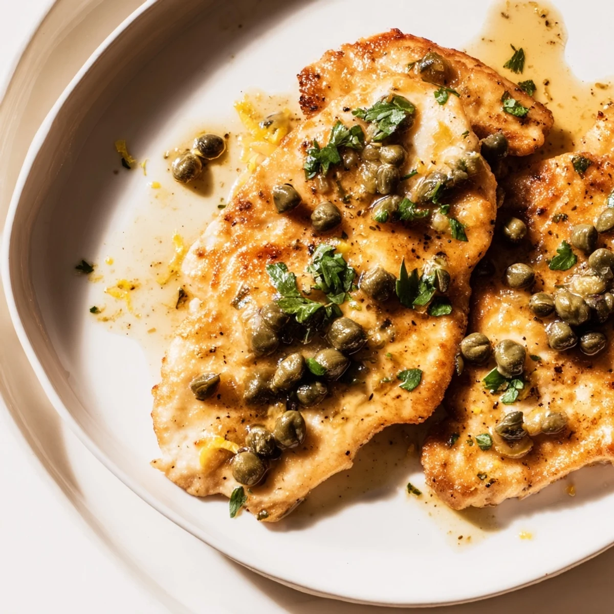 Golden-brown Chicken Piccata with Capers and Lemon sits in a pan with a glossy, tangy sauce and fresh parsley garnish.