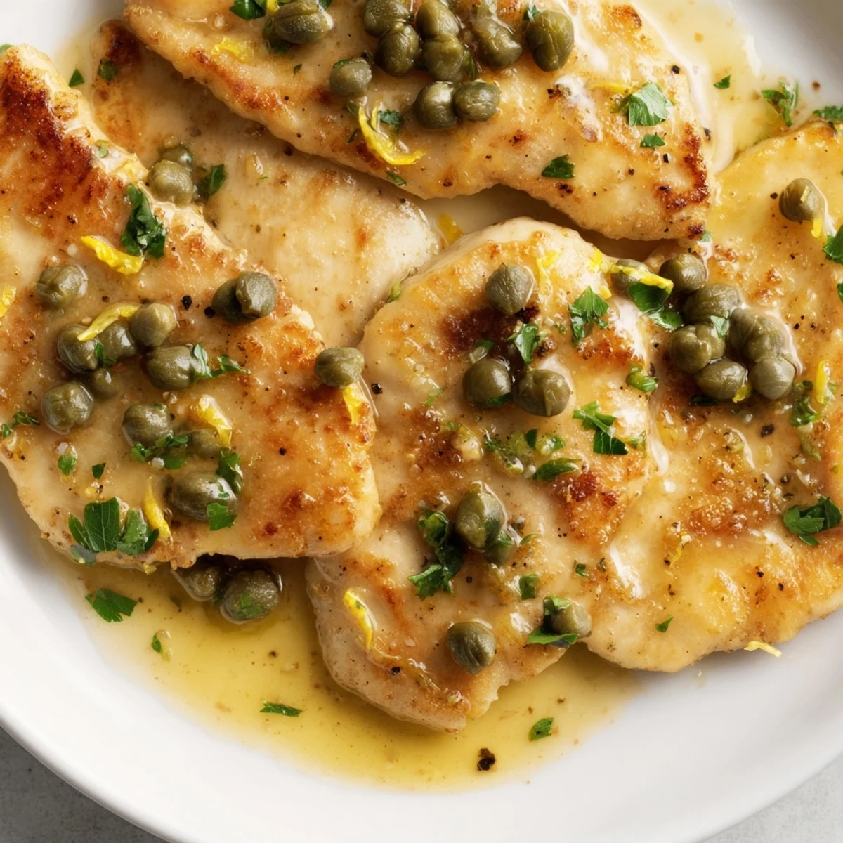 Close-up of juicy Chicken Piccata with Capers and Lemon, featuring capers and a bright, buttery sauce coating the cutlets.