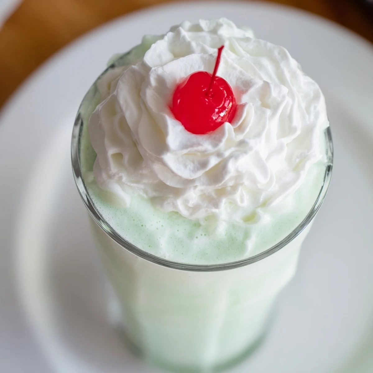 Served in a frosty glass, the Mint Milkshake with Maraschino Cherry is garnished with fresh mint leaves.