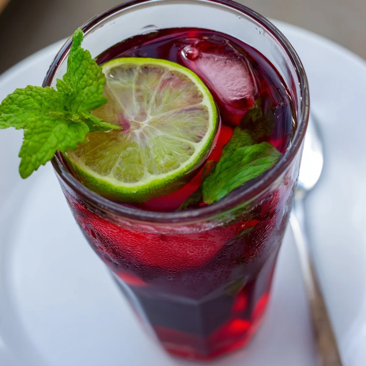 Hibiscus Iced Tea with Lime in a clear pitcher, showing ruby-red brew, fresh mint, and lime wedges for a refreshing party drink.