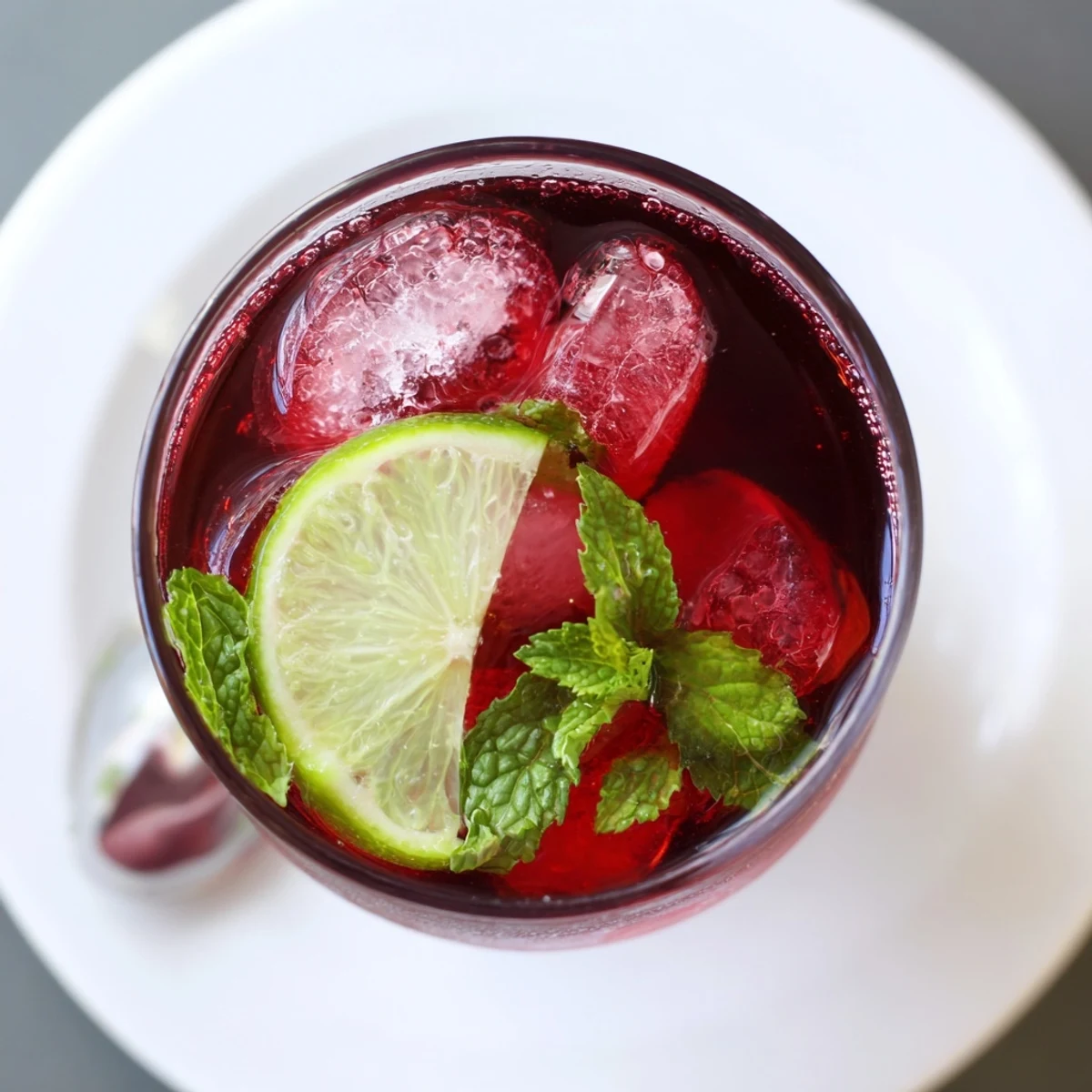 Steeped hibiscus flowers and lime juice create this vibrant, ruby-red Hibiscus Iced Tea, served over ice with a mint garnish.
