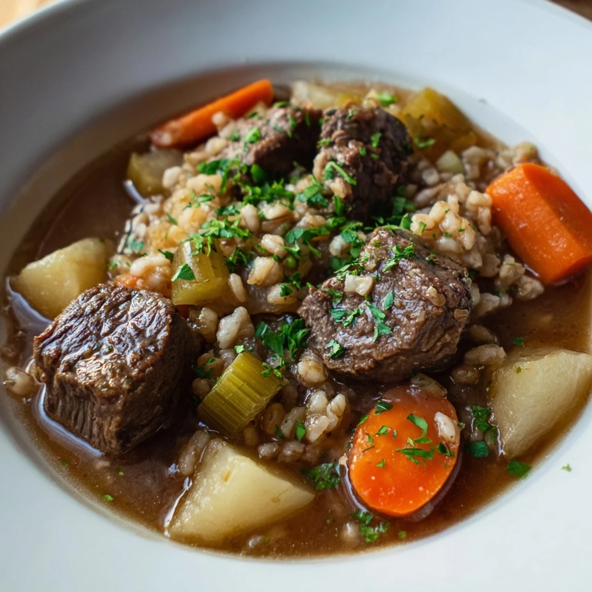Close-up of Irish Stew with Beef and Barley, featuring glazed root vegetables and fresh thyme sprigs on a cozy wooden table.