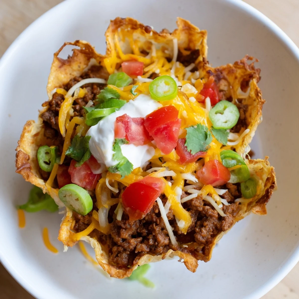 Golden-brown Taco Cups with Ground Beef and Cheese rest in a muffin tin, steam rising from melted cheese.