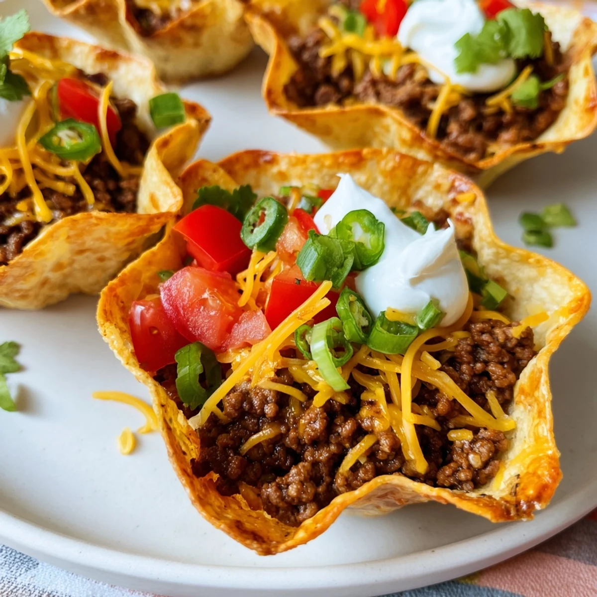 A close-up of Taco Cups with Ground Beef and Cheese topped with fresh cilantro and jalapeños on a wooden board.