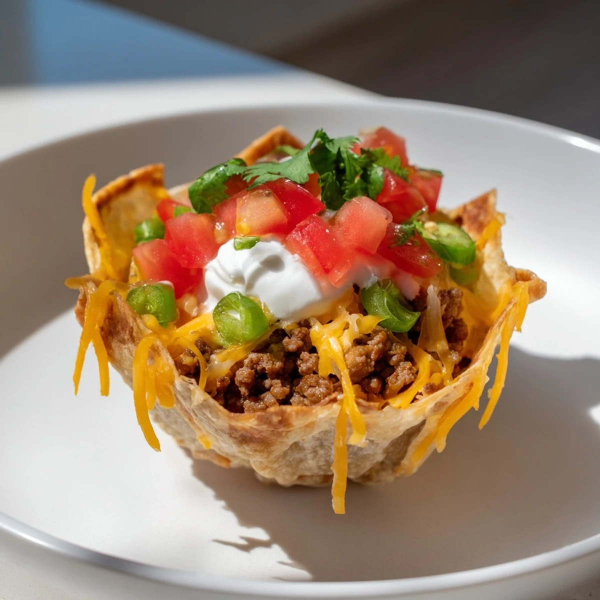 Freshly baked Taco Cups with Ground Beef and Cheese served on a platter with sour cream and diced tomatoes.