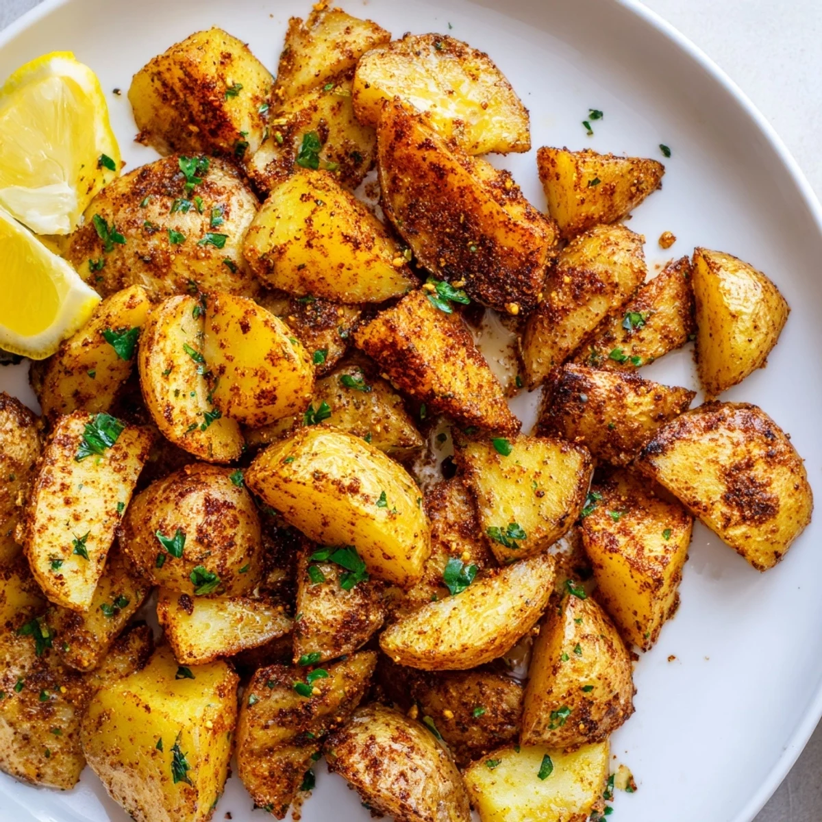 Golden-brown Cajun Spiced Roasted Potatoes with crispy edges, served hot on a baking sheet with fresh parsley garnish.