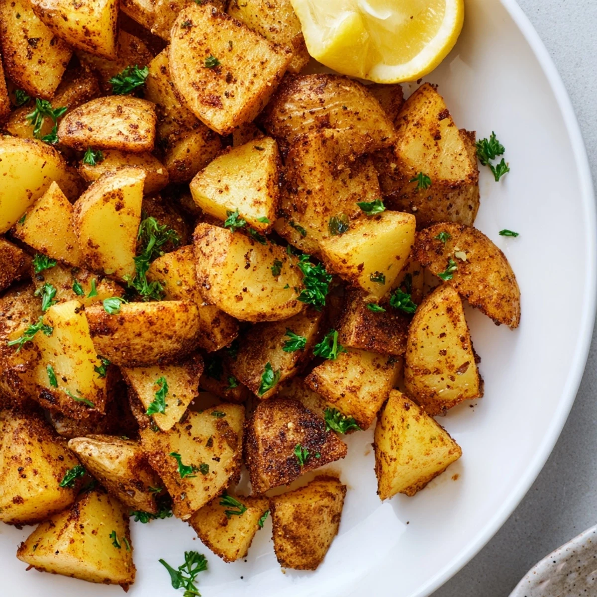 Rustic plate of Cajun Spiced Roasted Potatoes with lemon wedges, highlighting a zesty and flavorful Southern-style side dish.