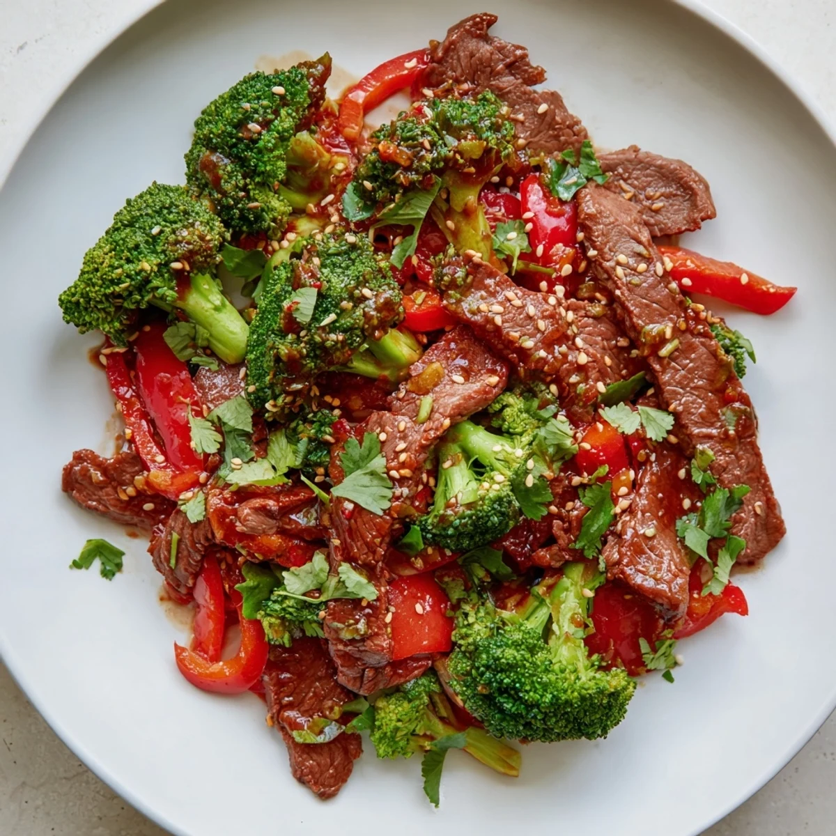 Golden-brown beef strips and vibrant green broccoli florets coated in a glistening, spicy sauce are tossed in a hot wok, ready to be served over steamed rice.  