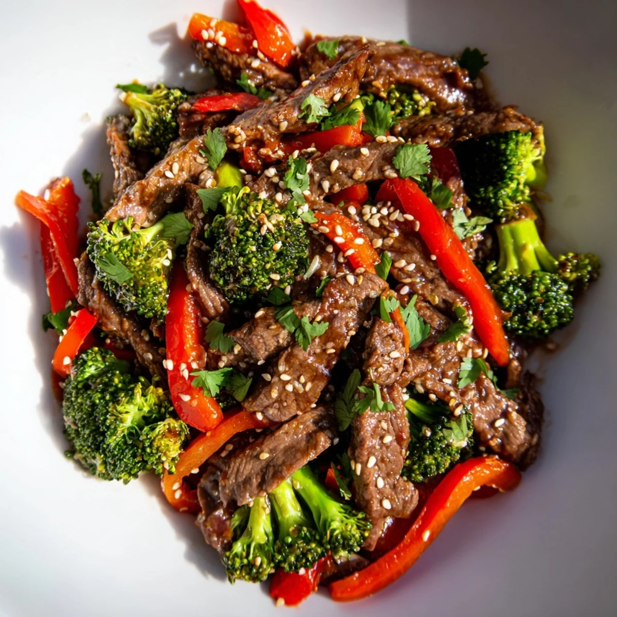 A close-up of tender beef and crisp broccoli in a zesty, spicy stir fry, garnished with sesame seeds and fresh cilantro.  