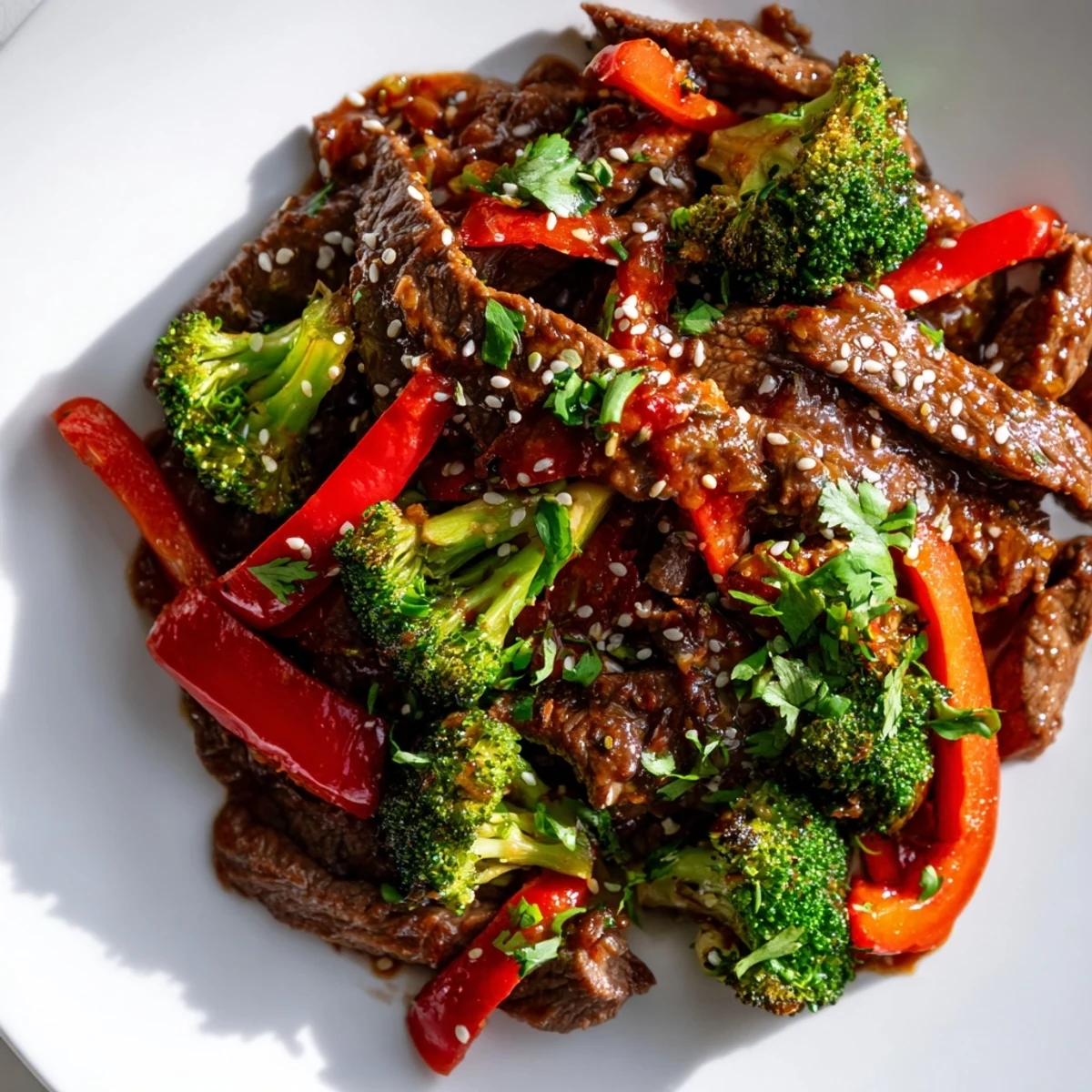 Plate of spicy beef and broccoli stir fry with red bell pepper slices and green onions, sizzling hot and perfect for a weeknight dinner.