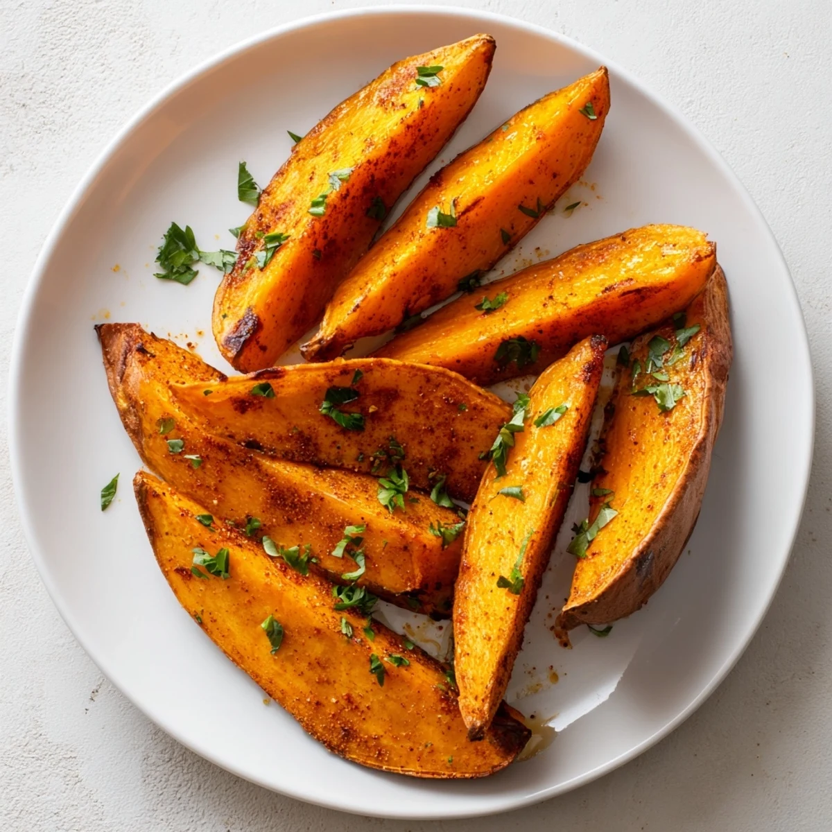 Roasted Sweet Potato Wedges with Paprika garnished with fresh parsley and lemon wedges on a white platter.