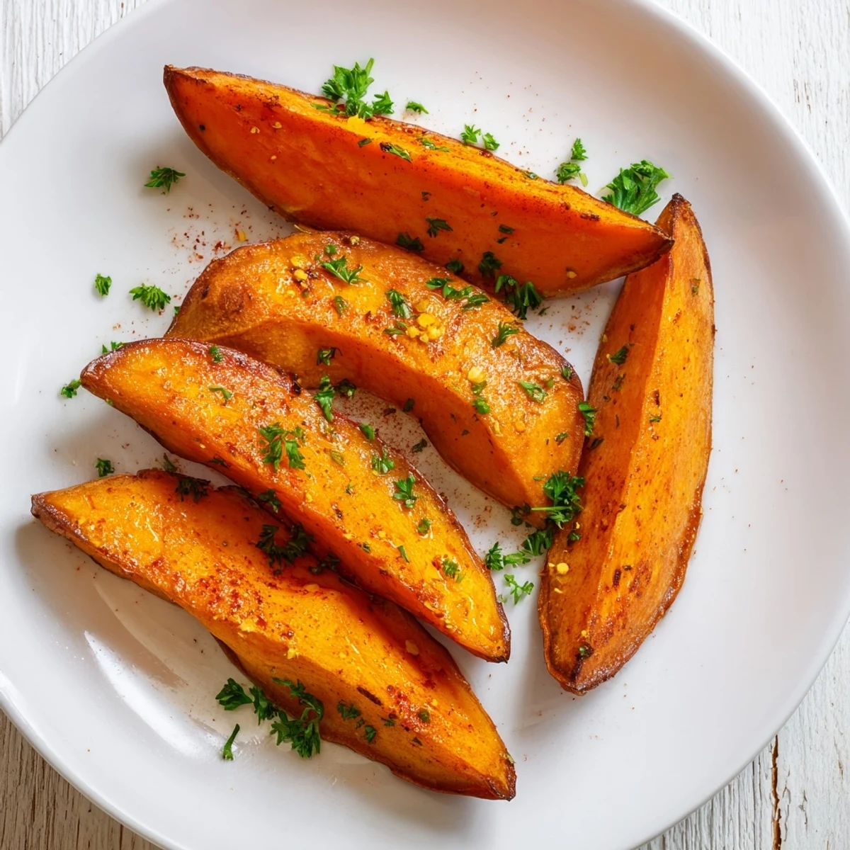 Golden-brown Roasted Sweet Potato Wedges with Paprika arranged neatly on a baking sheet for easy serving.