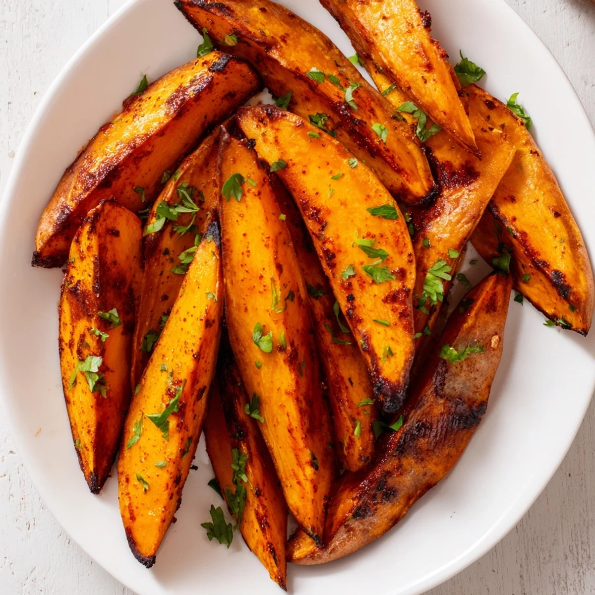 Crispy roasted sweet potato wedges seasoned with paprika, served hot with a lemon wedge garnish.
