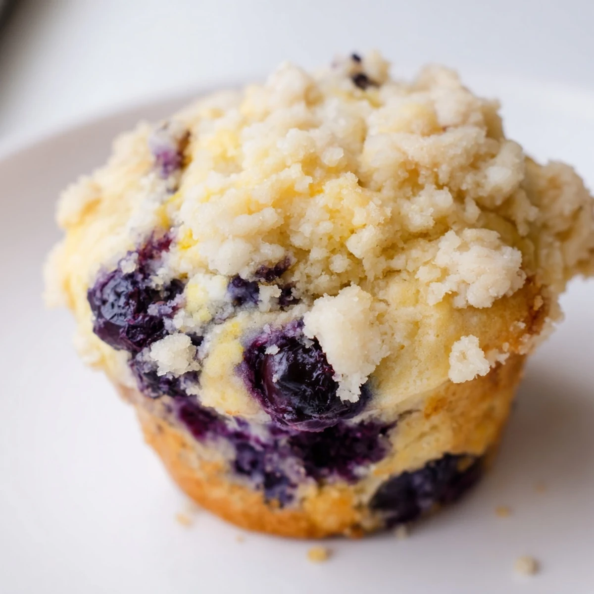 Golden-brown Lemon Blueberry Muffins with Streusel topping, featuring a crumbly sugar crust and vibrant blueberries peeking from moist, fluffy interiors.  