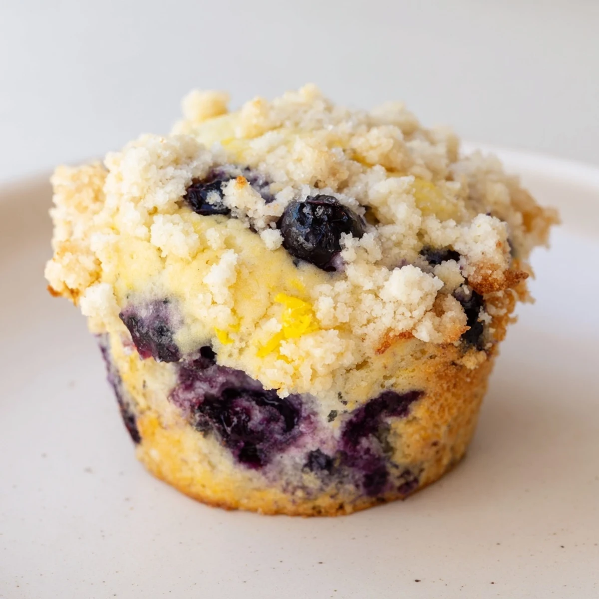 A close-up of freshly baked Lemon Blueberry Muffins with Streusel, highlighting juicy blueberries and a buttery crumb topping.  