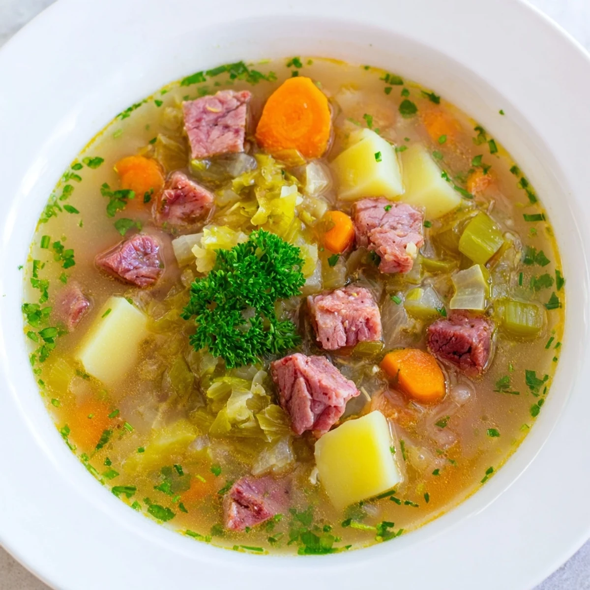 A close-up of Corned Beef and Cabbage Soup garnished with fresh parsley, served in a rustic bowl beside a slice of crusty Irish soda bread.  