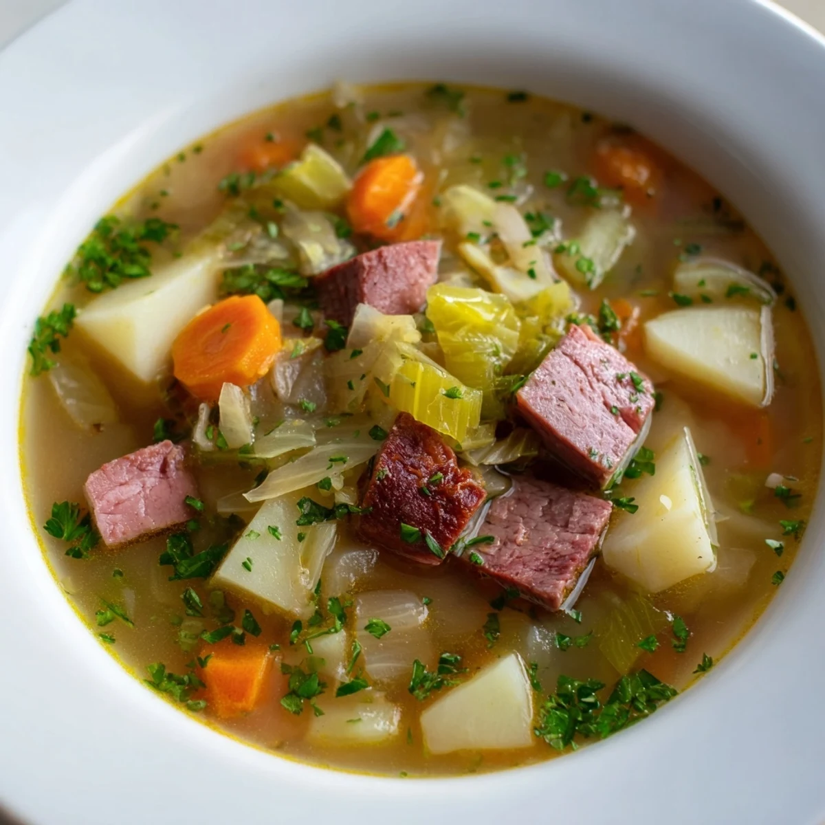 Comforting Corned Beef and Cabbage Soup simmering in a Dutch oven, with colorful vegetables and savory broth ready for a chilly St. Patrick's Day meal.