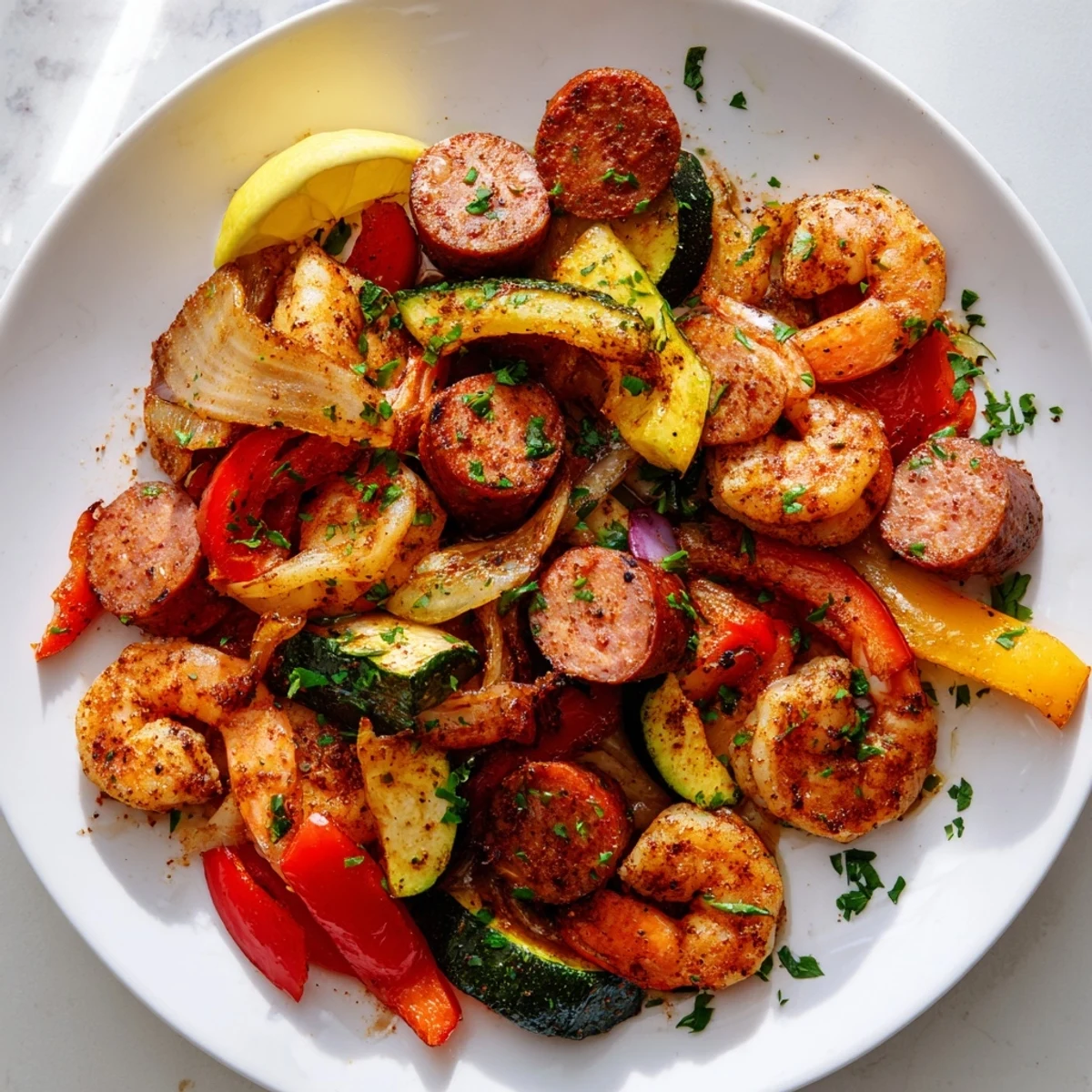 A close-up of Cajun Shrimp and Sausage Skillet, with succulent shrimp and smoky sausage nestled among vibrant bell peppers in a rich, spicy sauce.