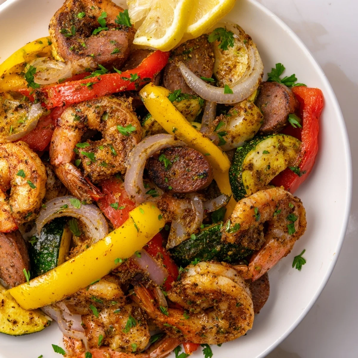 A top-down view of a steaming Cajun Shrimp and Sausage Skillet, garnished with fresh parsley and lemon wedges, ready to serve over fluffy white rice.