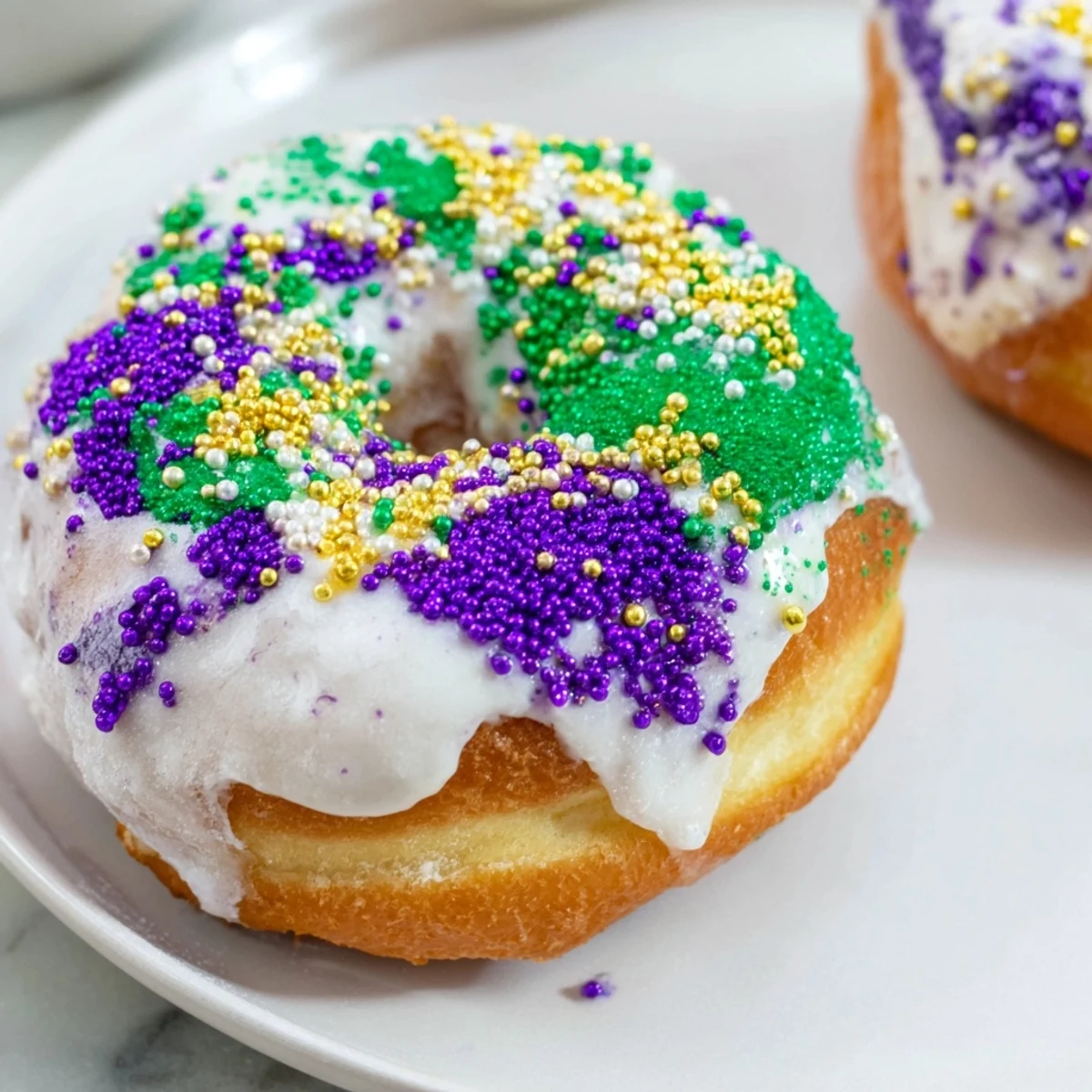 Freshly baked Mardi Gras King Cake Donuts with colorful icing and purple, green, and gold sprinkles.  