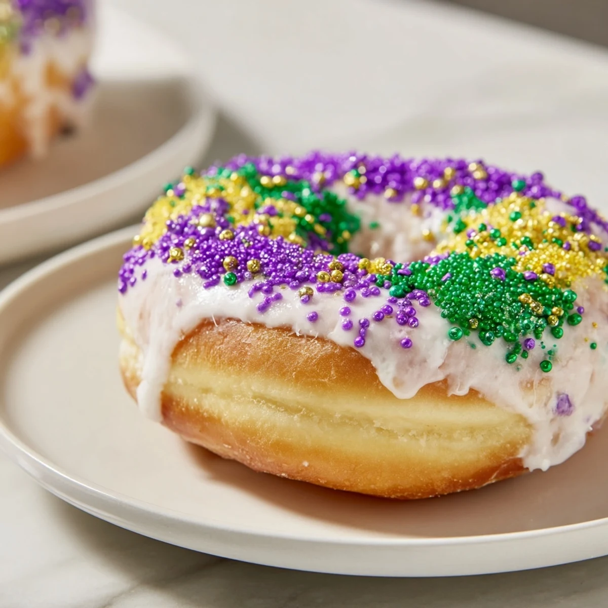 Golden-brown Mardi Gras King Cake Donuts with cream cheese filling and vibrant Mardi Gras-colored toppings.