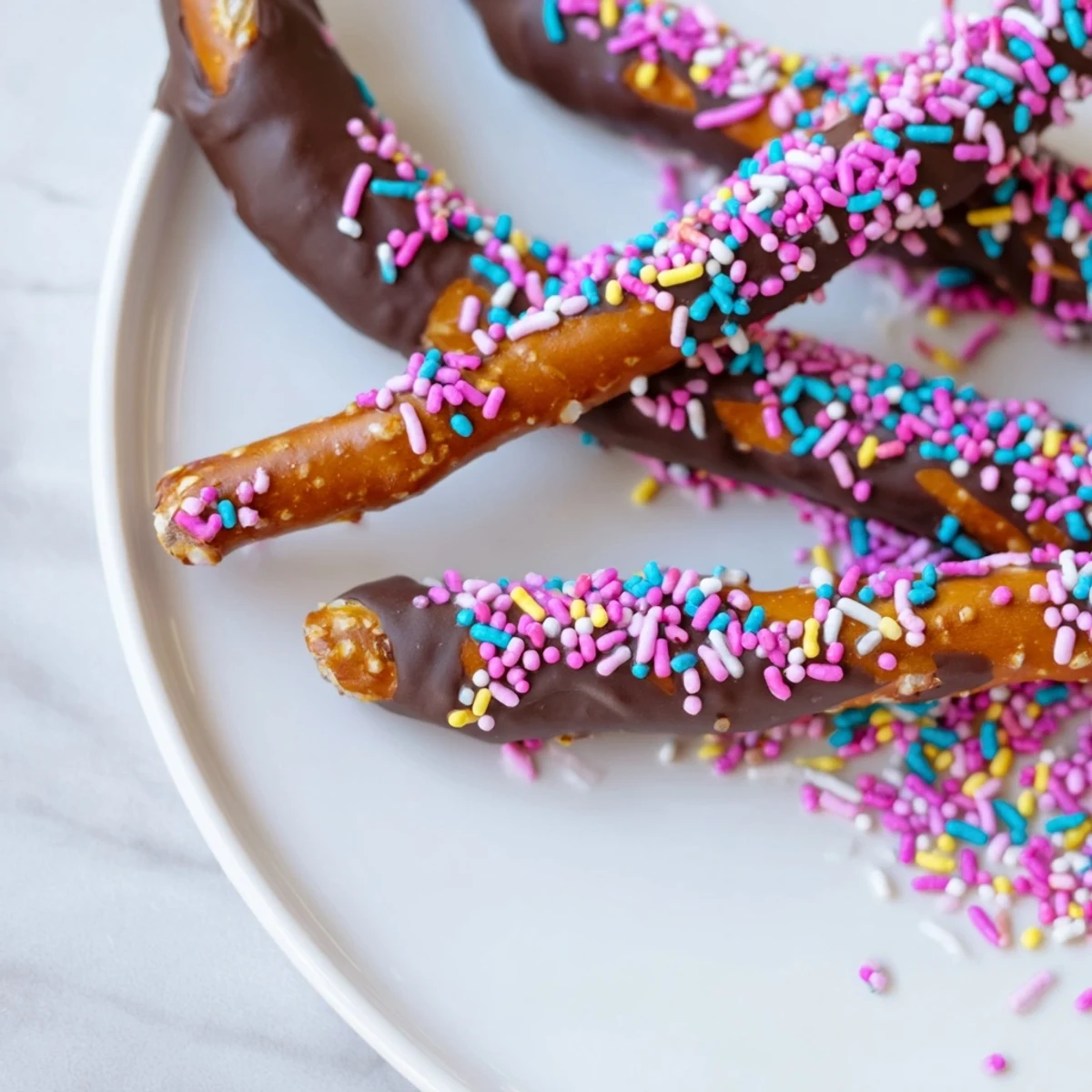Freshly dipped Chocolate Covered Pretzels with Pastel Sprinkles displayed on a cooling rack.