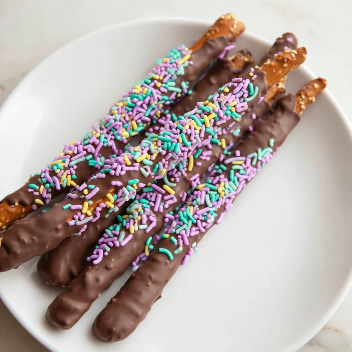 Glossy melted chocolate coats salty pretzels adorned with bright pastel sprinkles.