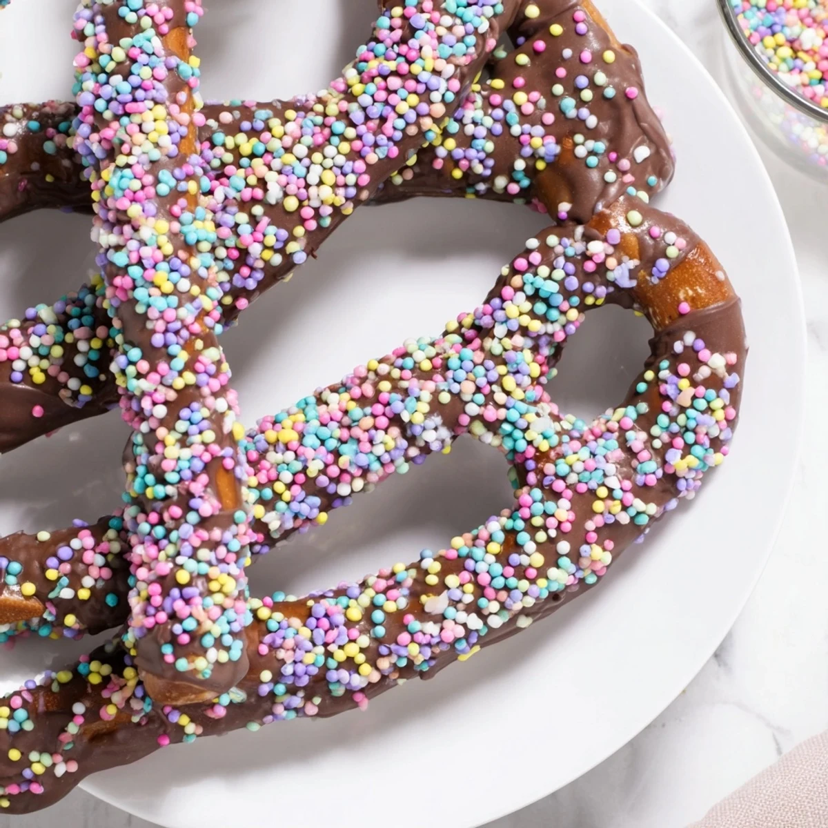 Chocolate Covered Pretzels with Pastel Sprinkles arranged on a festive party platter.