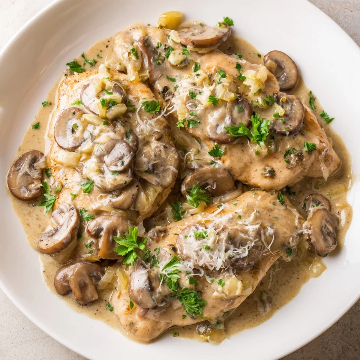 Golden-brown chicken breasts simmered in creamy garlic mushroom sauce, garnished with fresh parsley and served over pasta.  