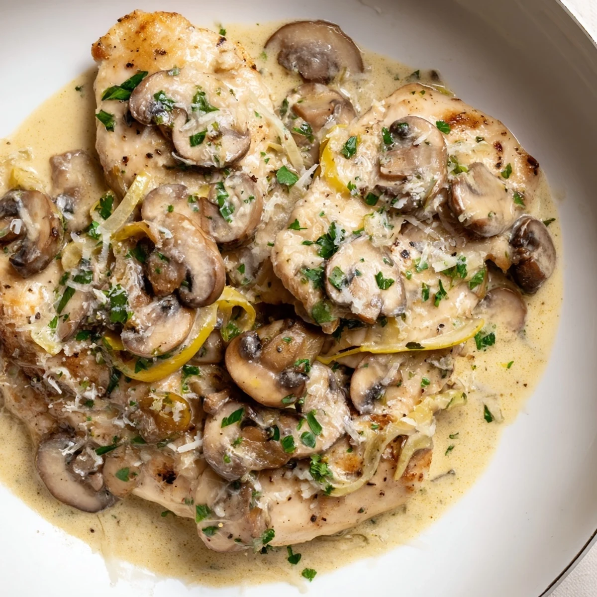 Sizzling skillet of creamy garlic mushroom chicken with sautéed mushrooms and melted Parmesan, ready for dinner.
