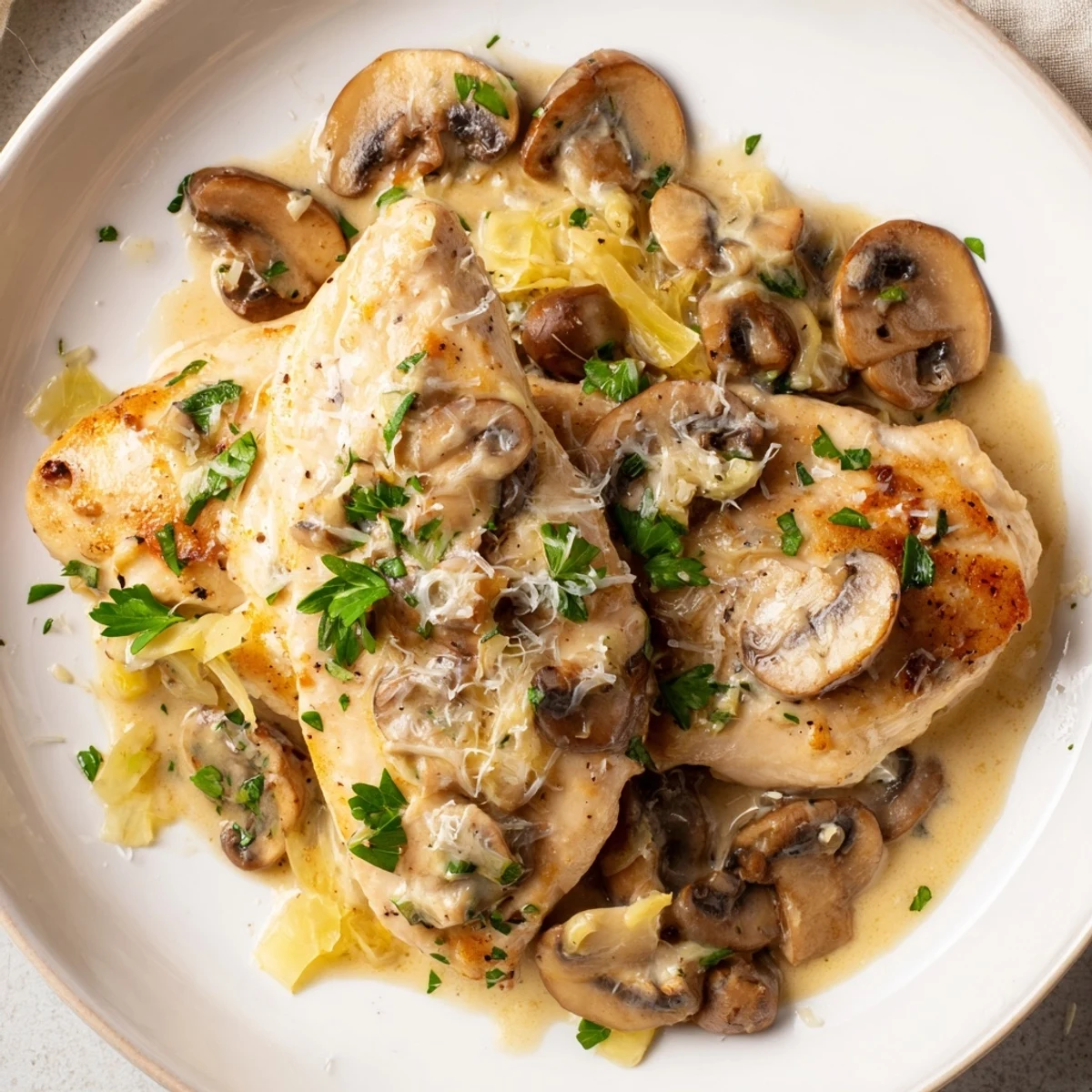 Plate of creamy garlic mushroom chicken beside mashed potatoes, featuring tender meat and a rich, savory sauce.  