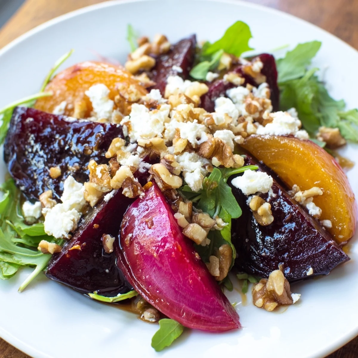 Roasted Beet Salad with Goat Cheese on a platter with vibrant red wedges, creamy cheese crumbles, and crunchy walnuts.