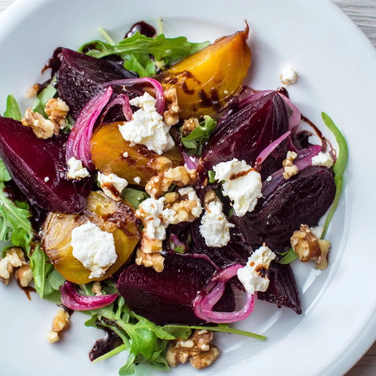 Serve Roasted Beet Salad with Goat Cheese as a vibrant side dish topped with sliced red onion and toasted walnuts.