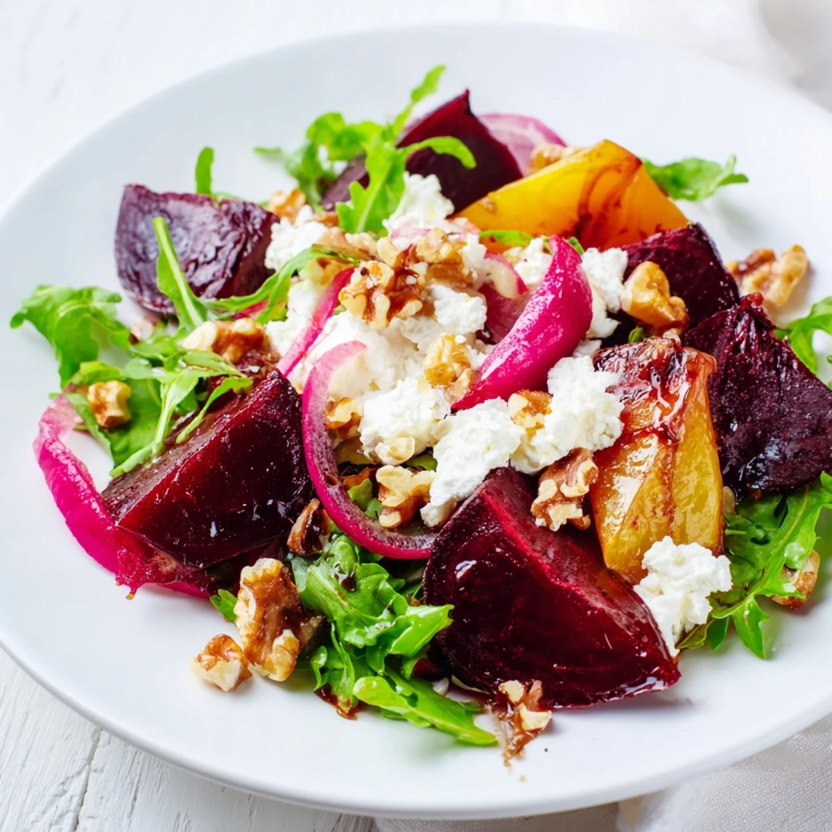 A close-up of Roasted Beet Salad with Goat Cheese featuring glistening balsamic vinaigrette and fresh arugula leaves.