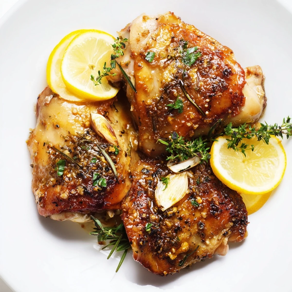 Savory Lemon Garlic Roasted Chicken Thighs served with roasted potatoes and fresh parsley on a rustic plate.