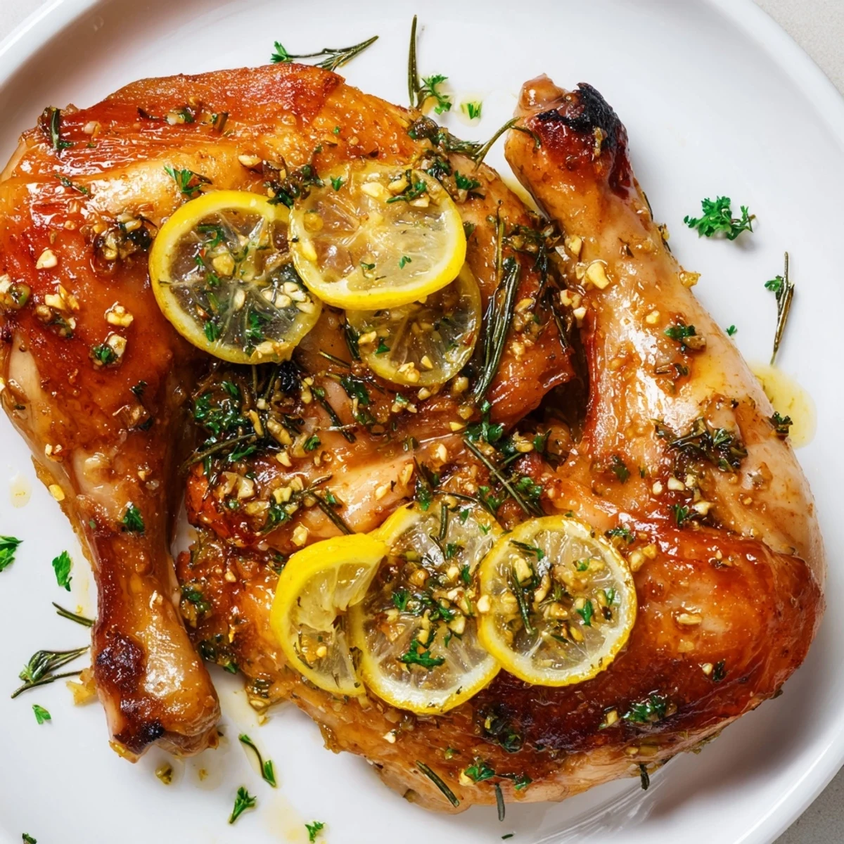 Golden-brown Lemon Garlic Roasted Chicken Thighs fresh from the oven with crispy skin and aromatic herbs.
