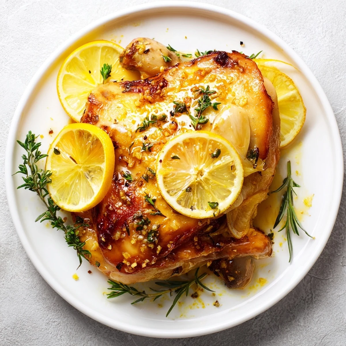Juicy Lemon Garlic Roasted Chicken Thighs glistening with lemon juice and olive oil, ready for a weeknight dinner.