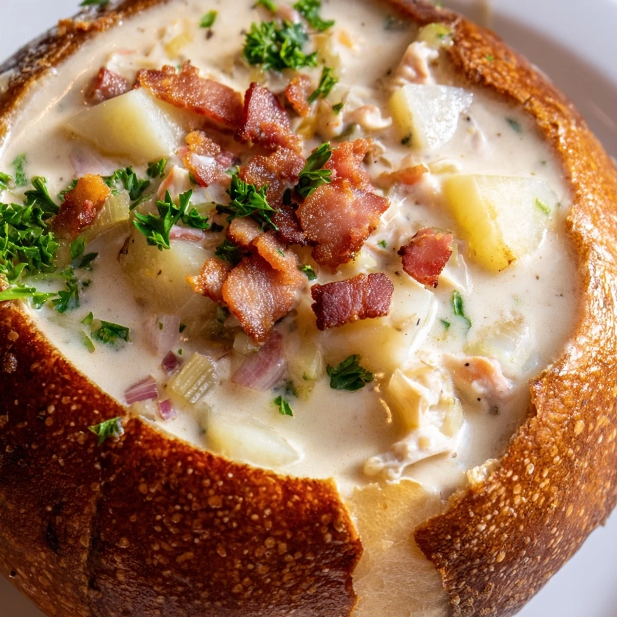 Creamy Clam Chowder in Sourdough Bowl served hot with crispy bacon garnish and a cozy crusty bread rim.