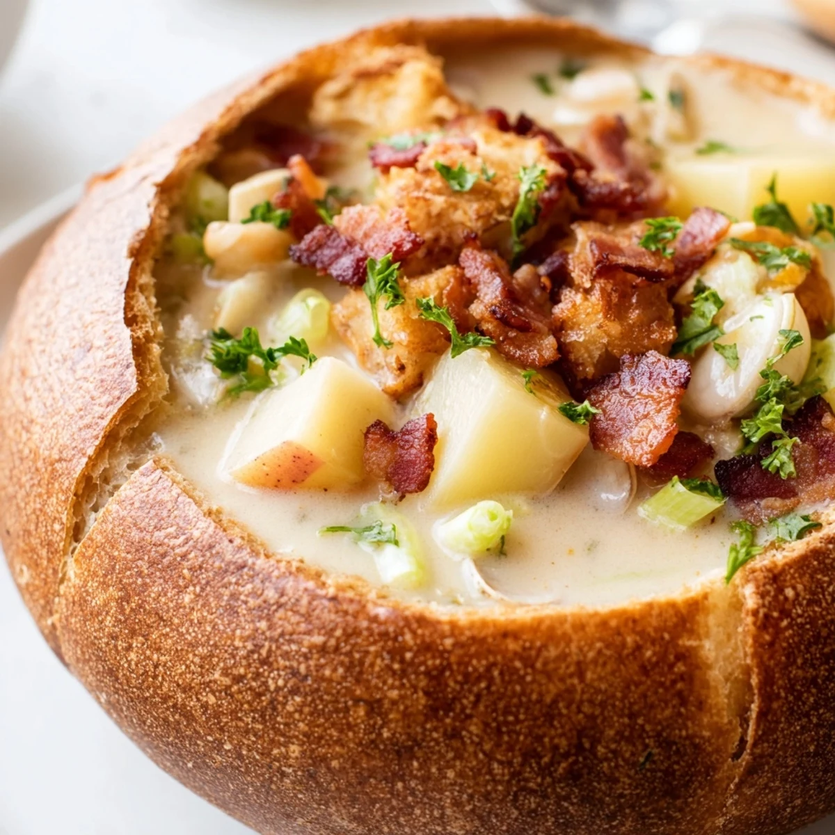 A hearty bowl of Creamy Clam Chowder in Sourdough Bowl ready to dip, garnished with fresh parsley.