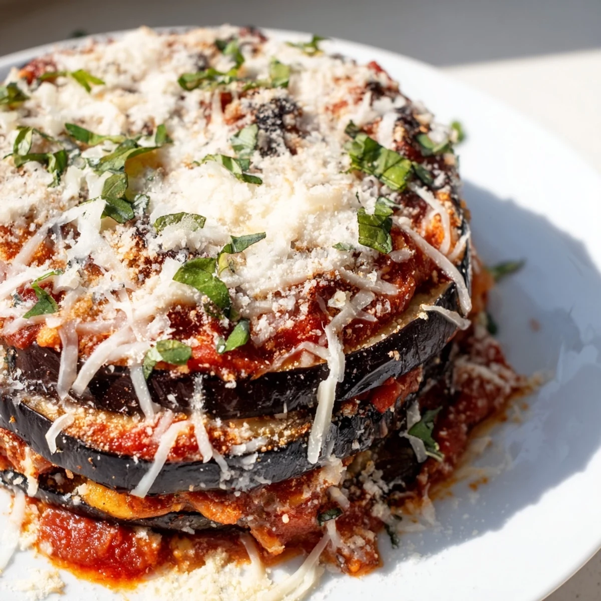 Golden baked eggplant Parmesan with marinara bubbling under melted mozzarella, garnished with fresh basil leaves.