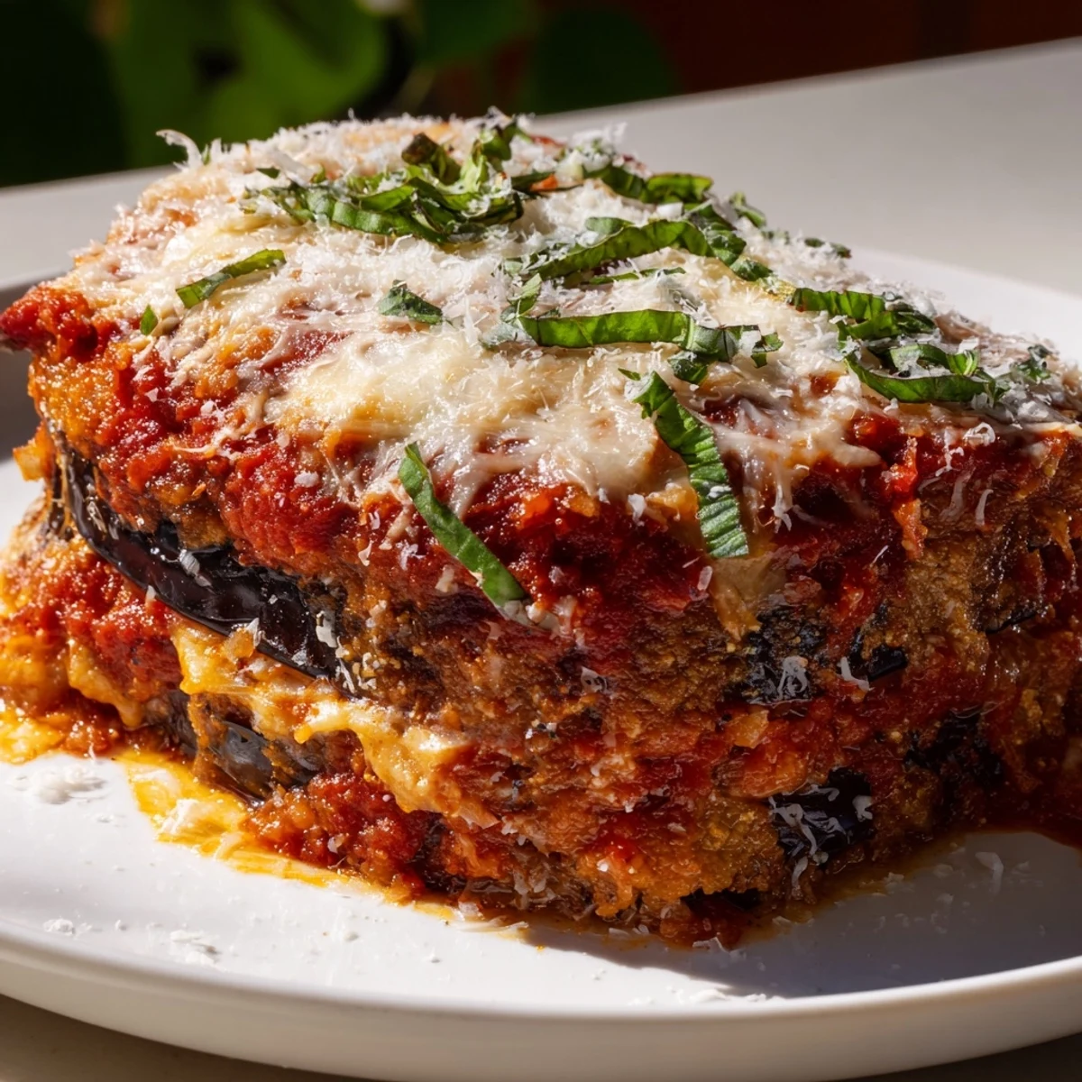 Crunchy breaded eggplant rounds layered with rich marinara and gooey mozzarella, served in a ceramic dish.