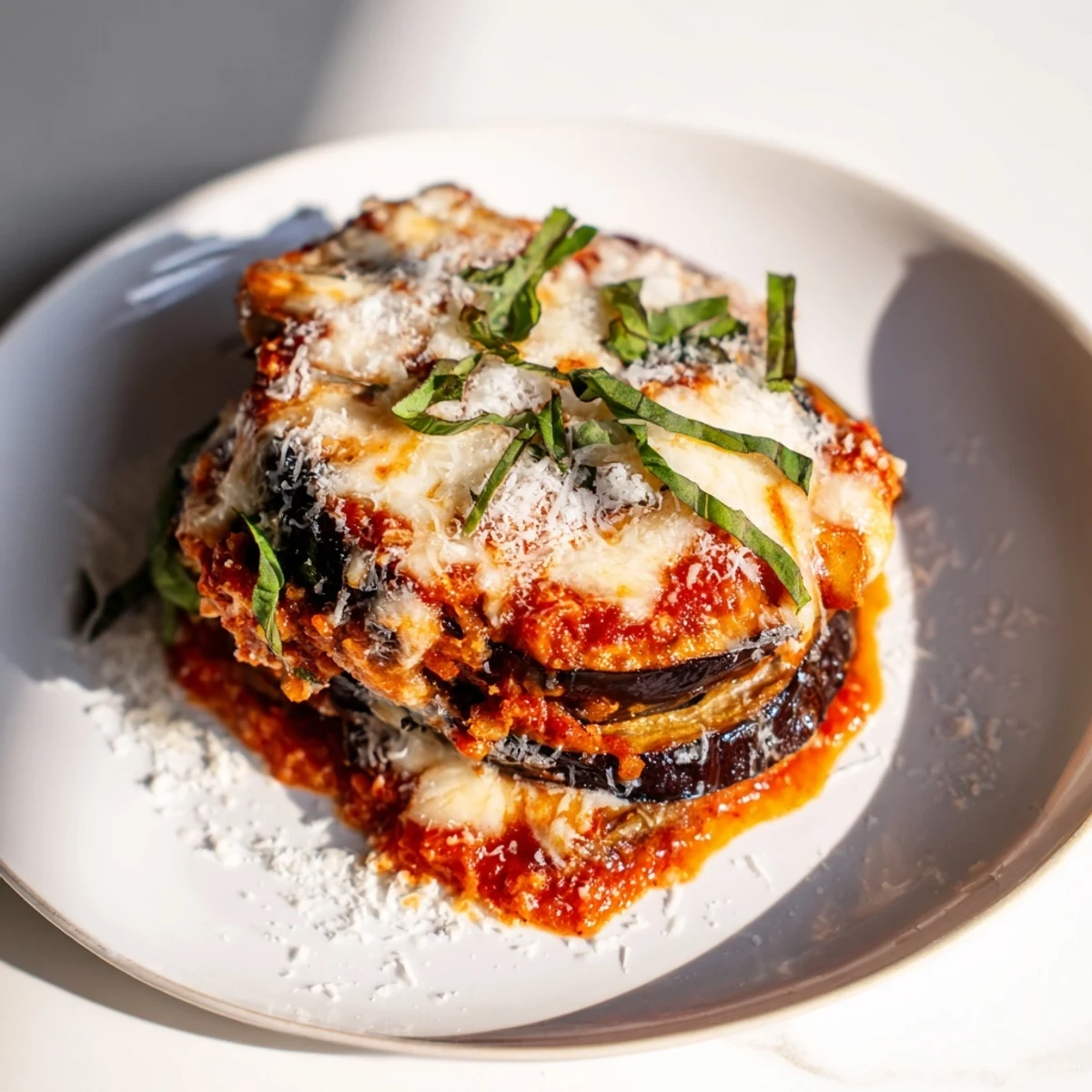 A family-style casserole of baked eggplant Parmesan with marinara and Parmesan cheese, ready to serve.