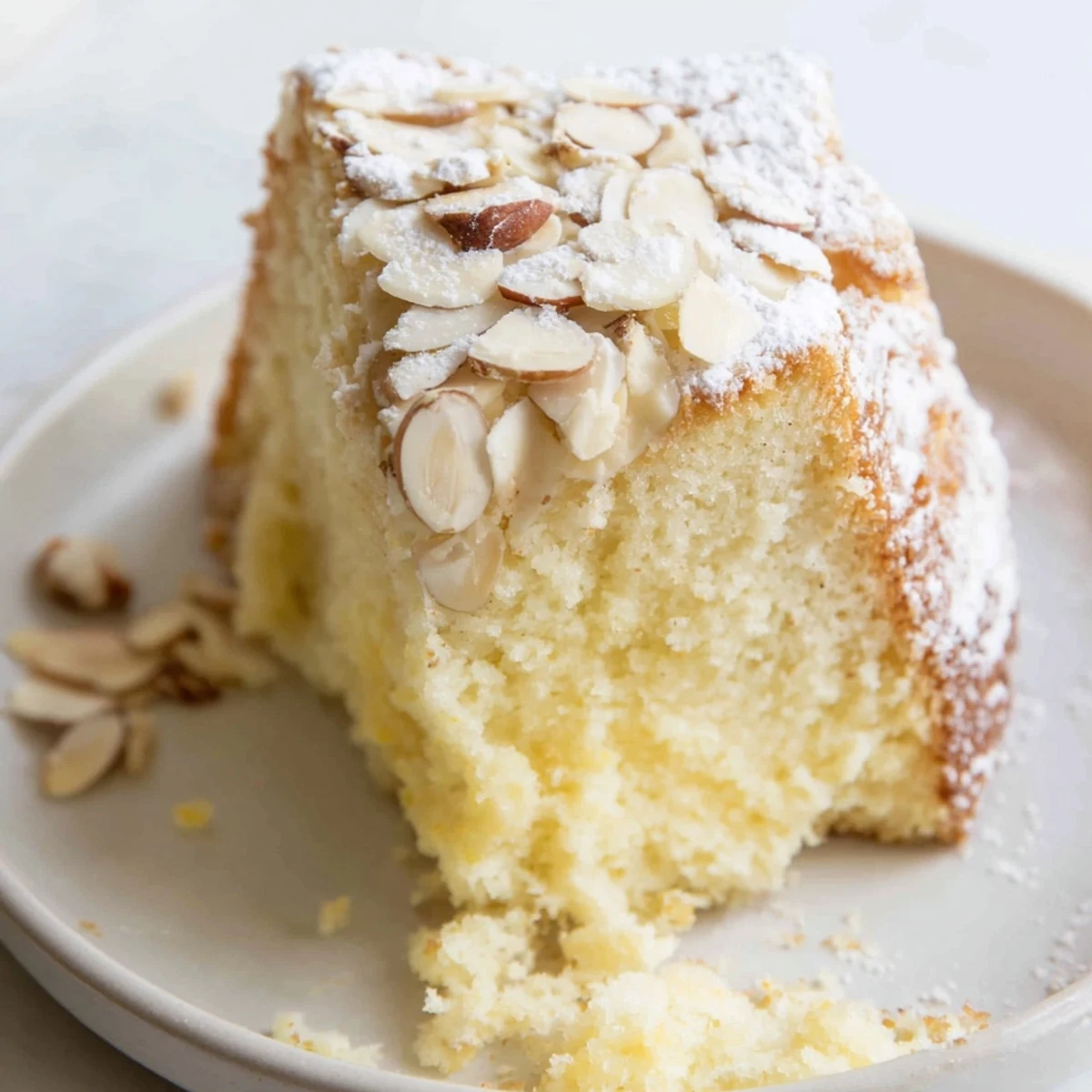 A close-up of a golden-brown Lemon Ricotta Cake with Almonds on a white plate, topped with powdered sugar and fresh raspberries.