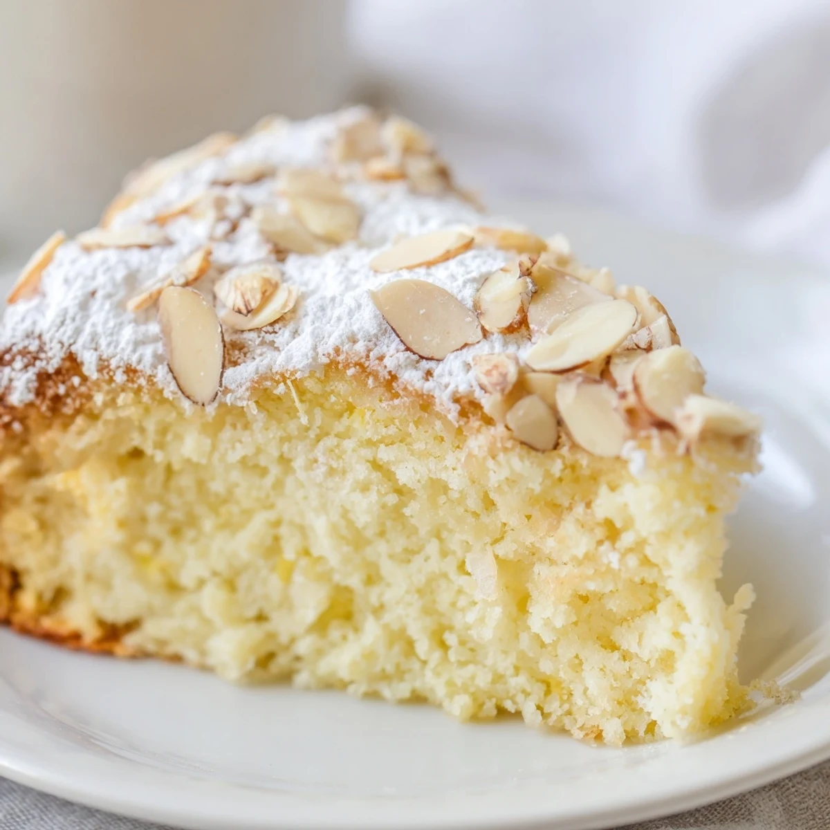 Aerial view of a whole Lemon Ricotta Cake with Almonds beside a teacup and serving fork, ready to slice.